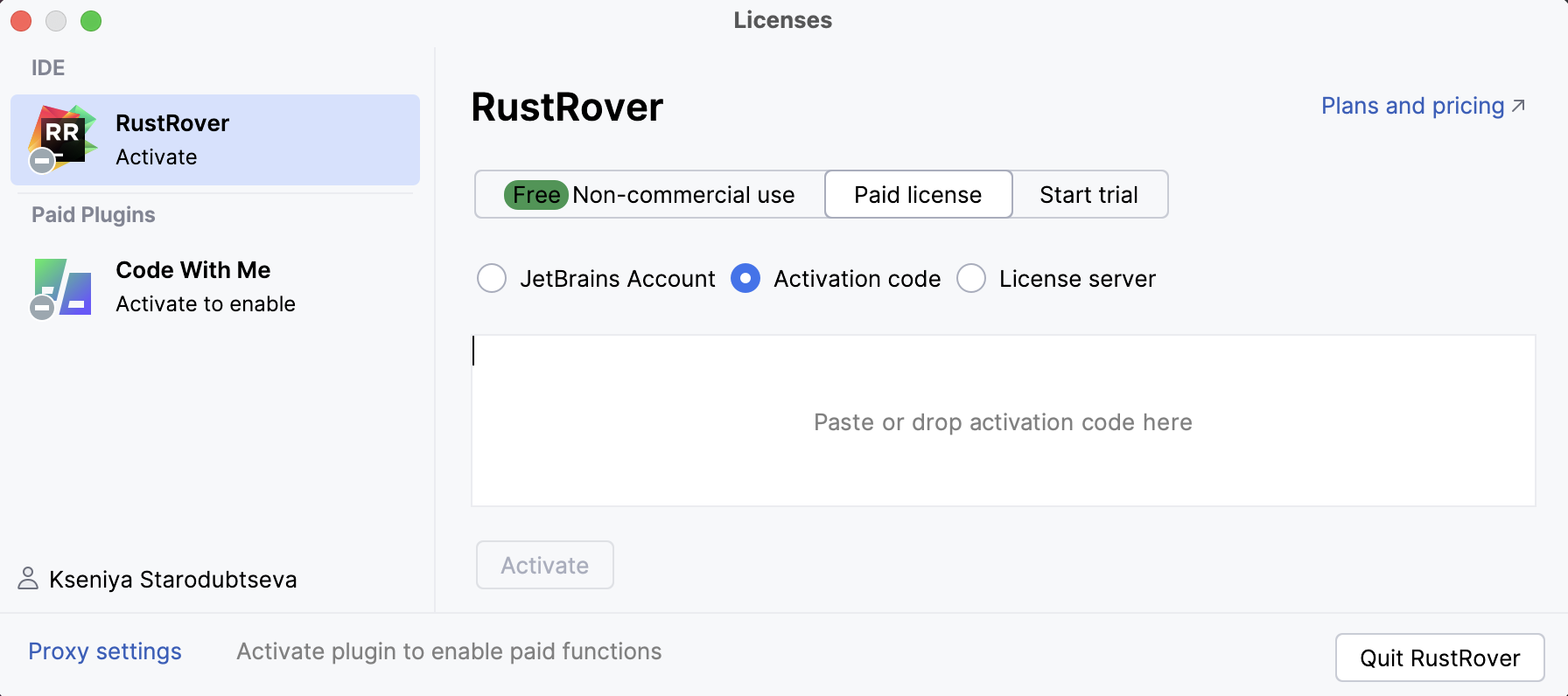 Activate RustRover license with an activation code