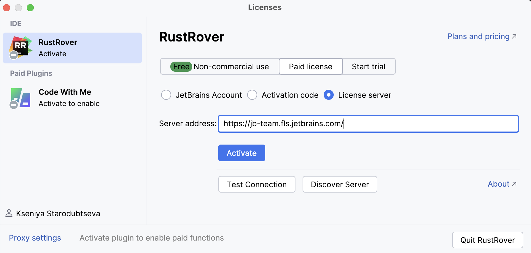 Activate RustRover license with a license server