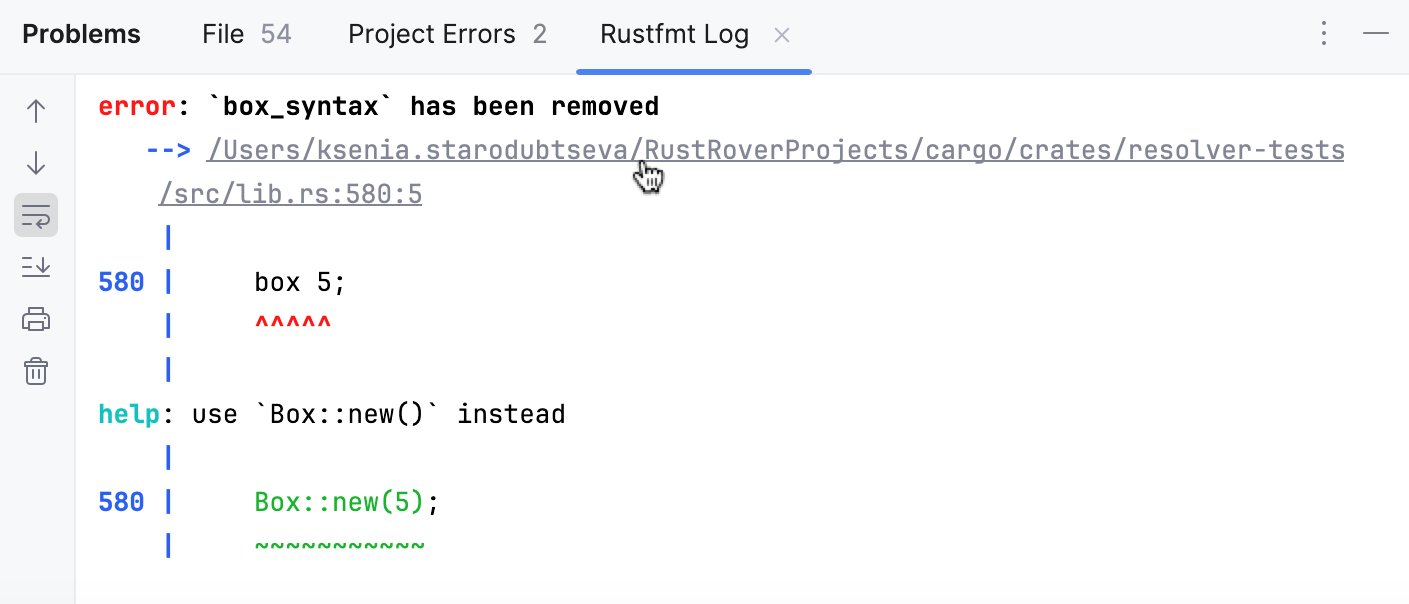 Rustfmt Log tab of the Problems tool window