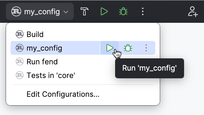 Selecting and running a configuration from the toolbar