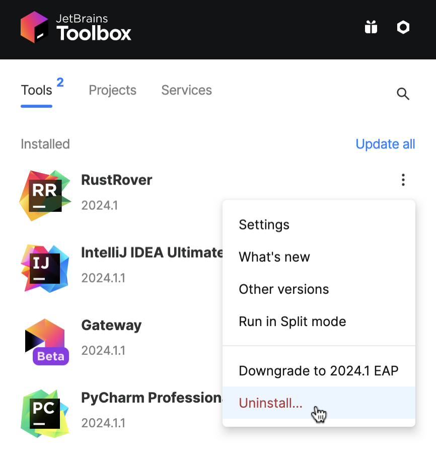 Uninstall RustRover using the Toolbox App