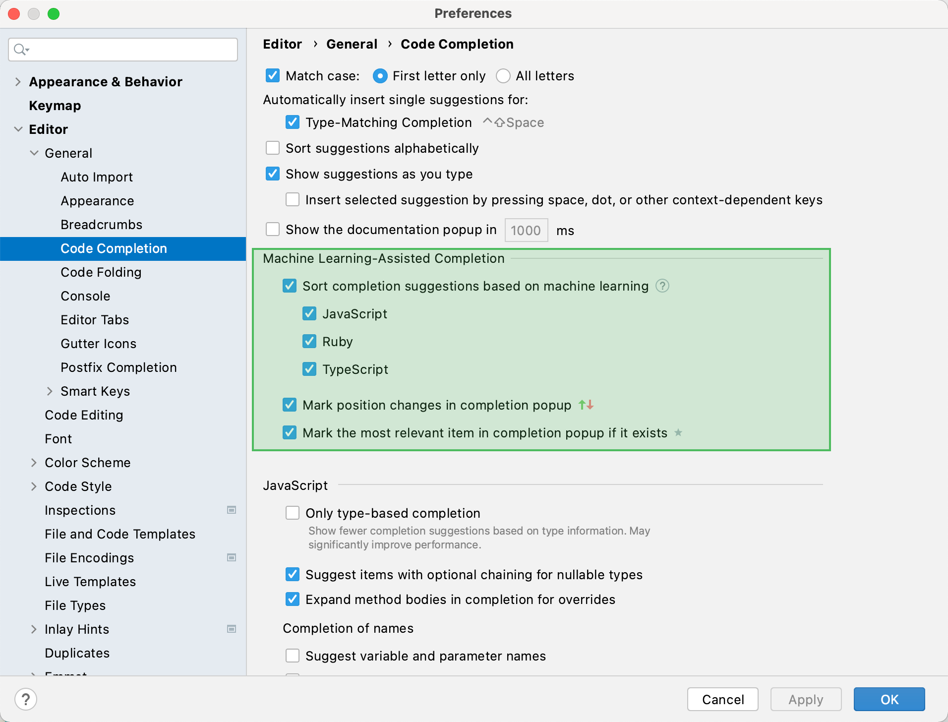 ML-assisted completion settings