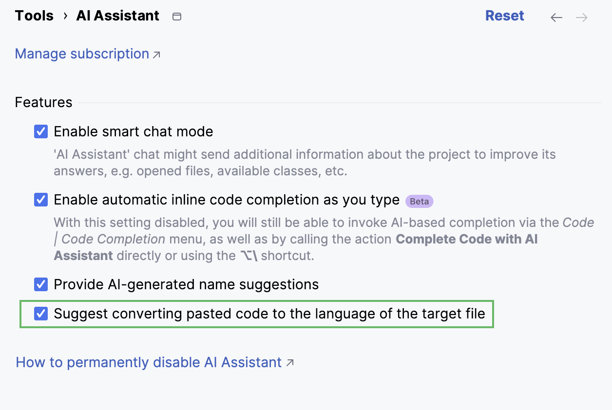 Selected option that enables converting pasted code