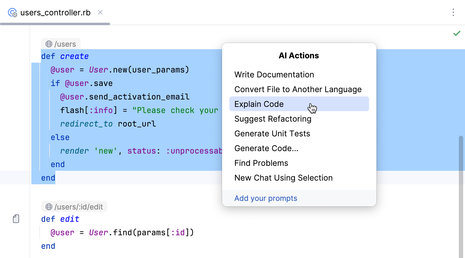 AI Assistant actions - Explain Code