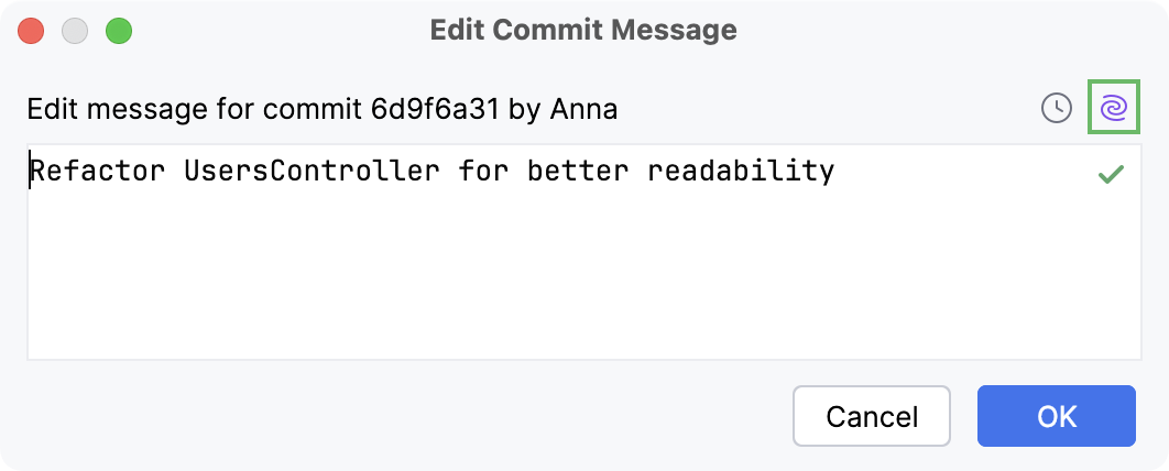 Dialog with an old commit message and the AI Assistant icon