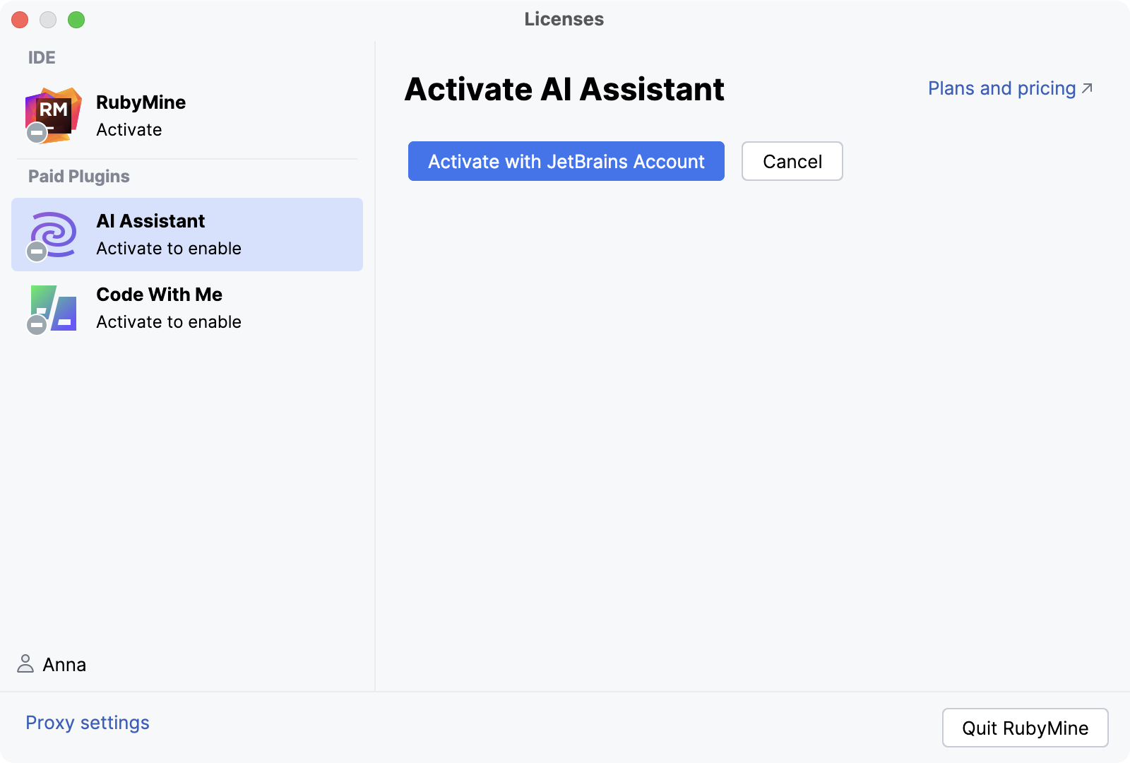 Licenses dialog with AI Assistant activation option