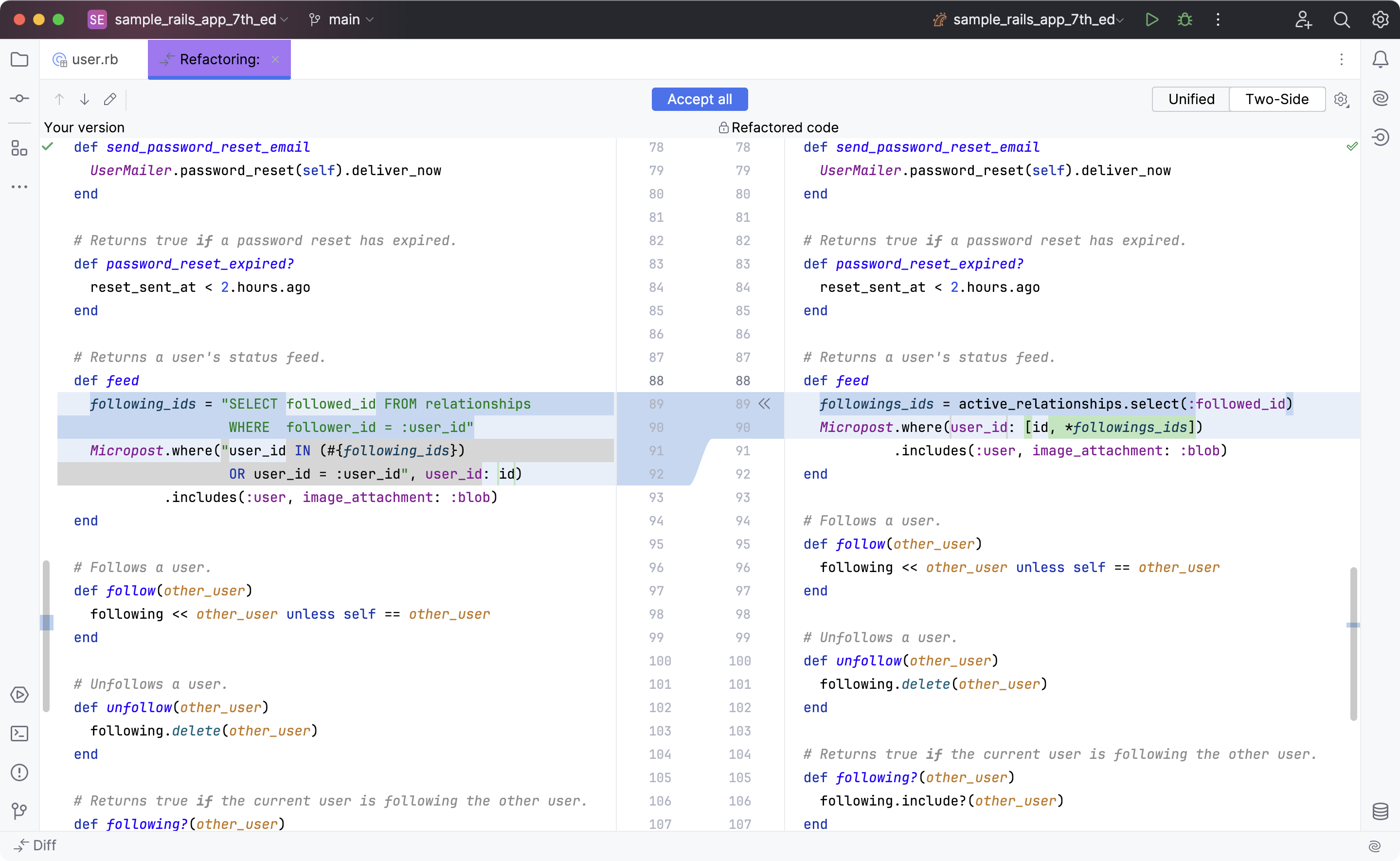 Diff tab with refactored code