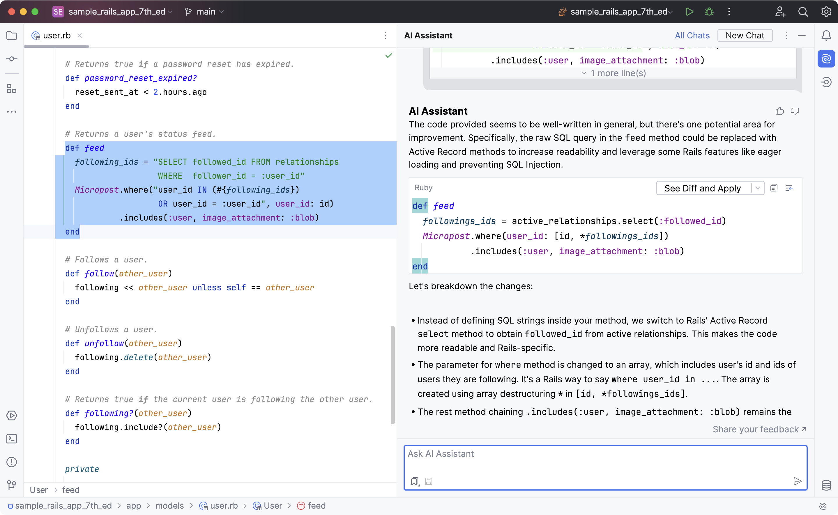 RubyMine: AI Assistant suggests refactoring