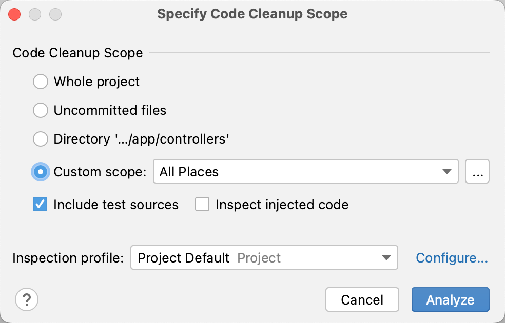 the Specify Code Cleanup Scope dialog