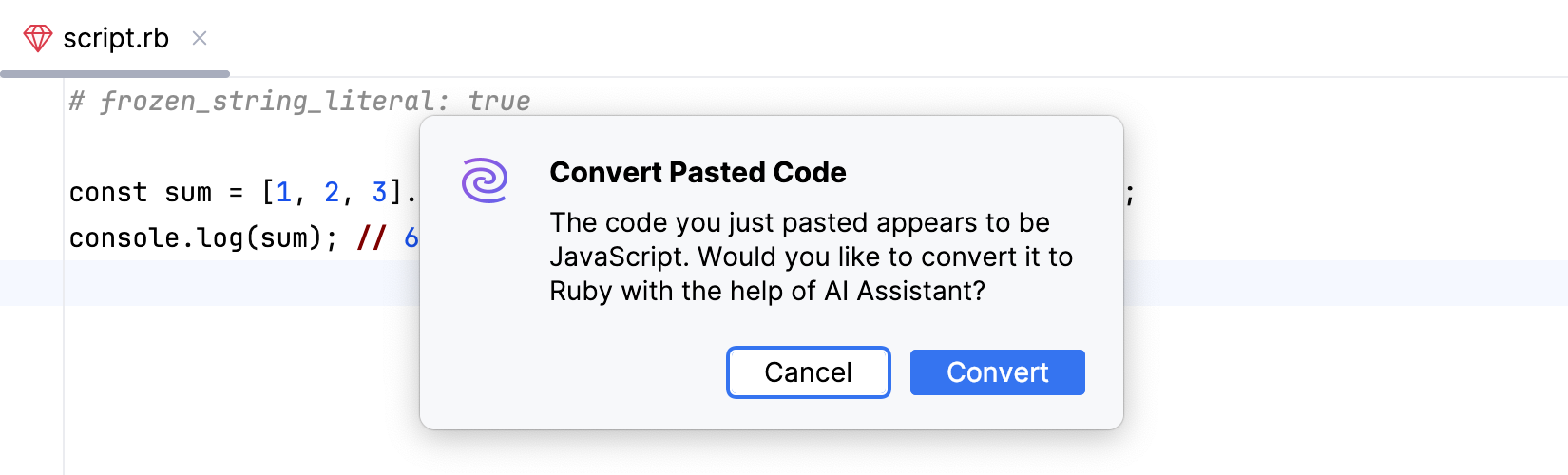Convert Pasted Code dialog