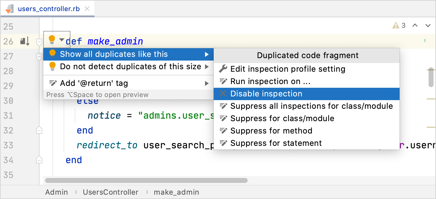 Disabling the inspection