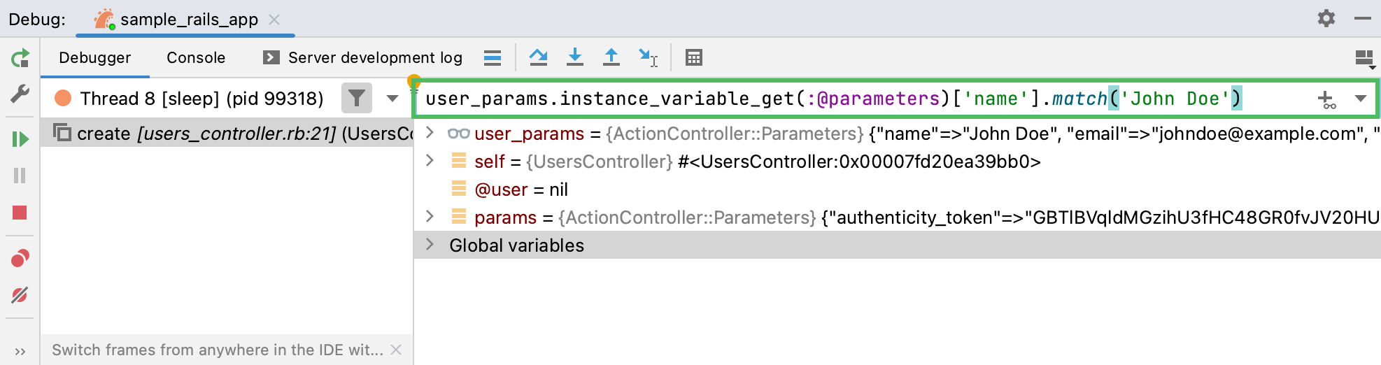 Expression in the Variables tab