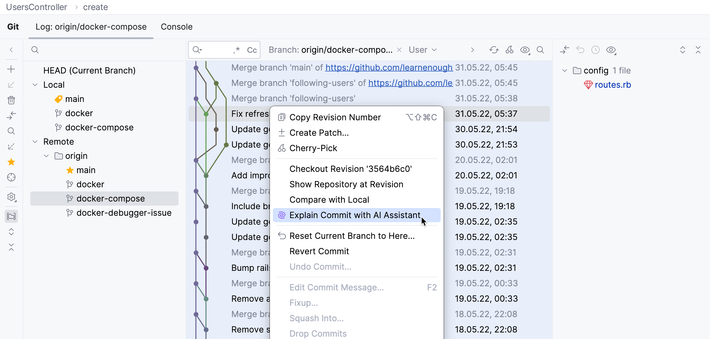 Explain Commit with AI Assistant option in VCS log