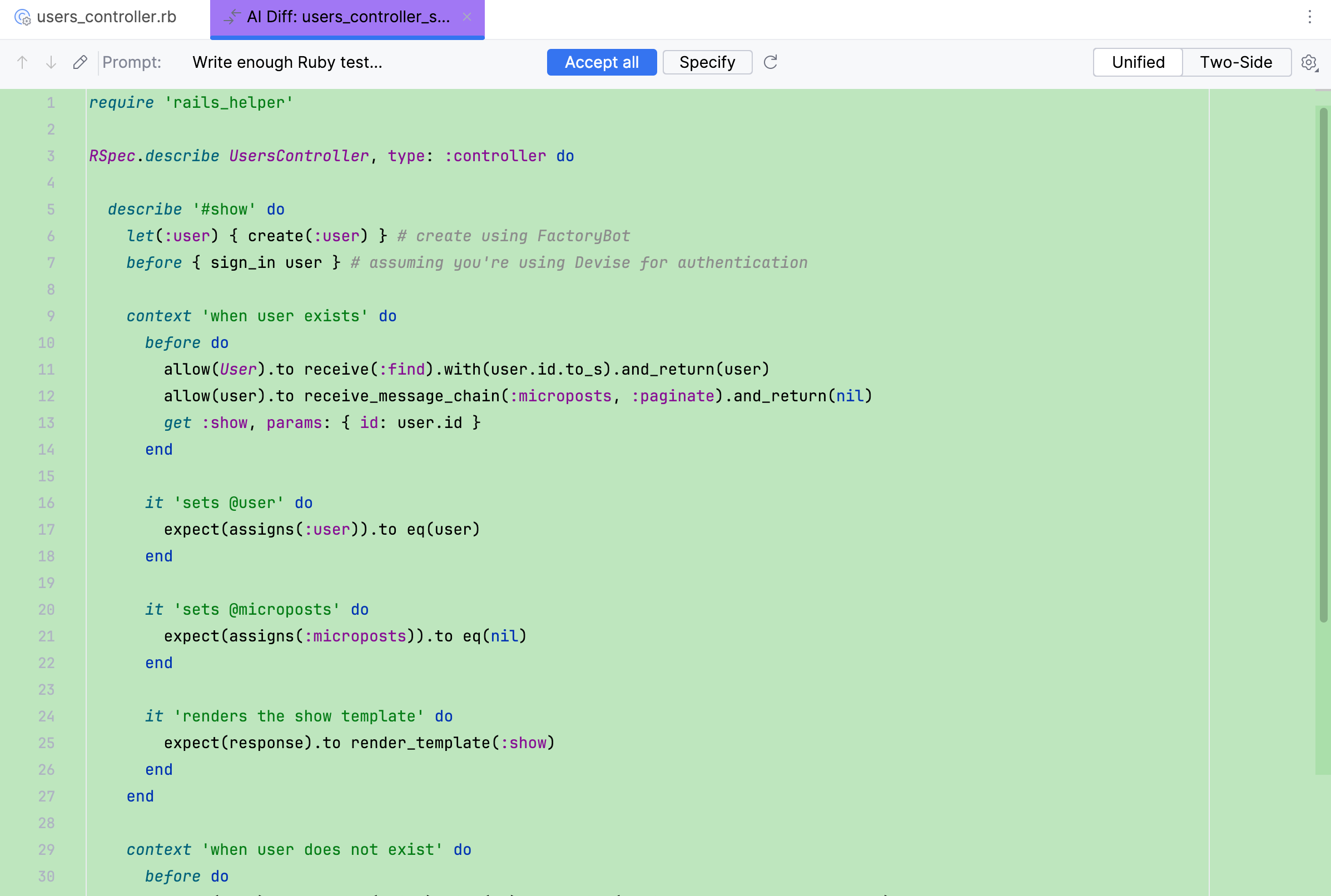 Generated unit test in a separate AI Diff tab