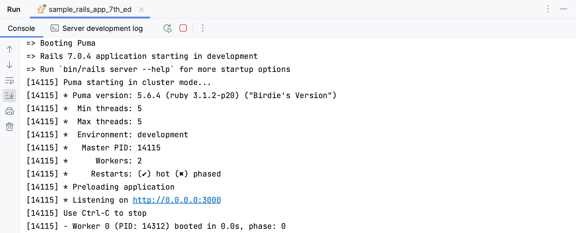 Run tool window / run Rails application