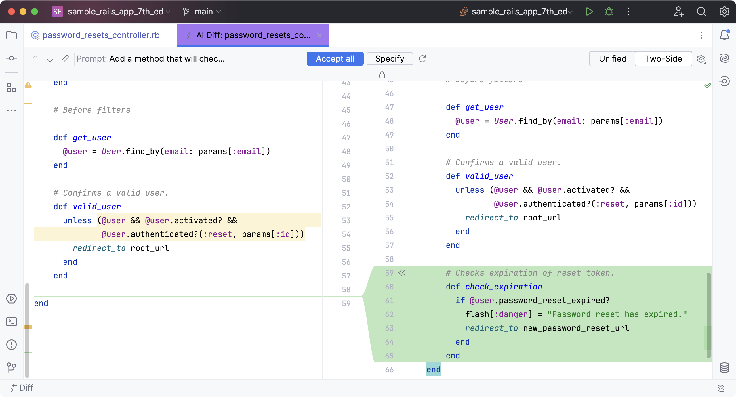 Generated code in diff tab