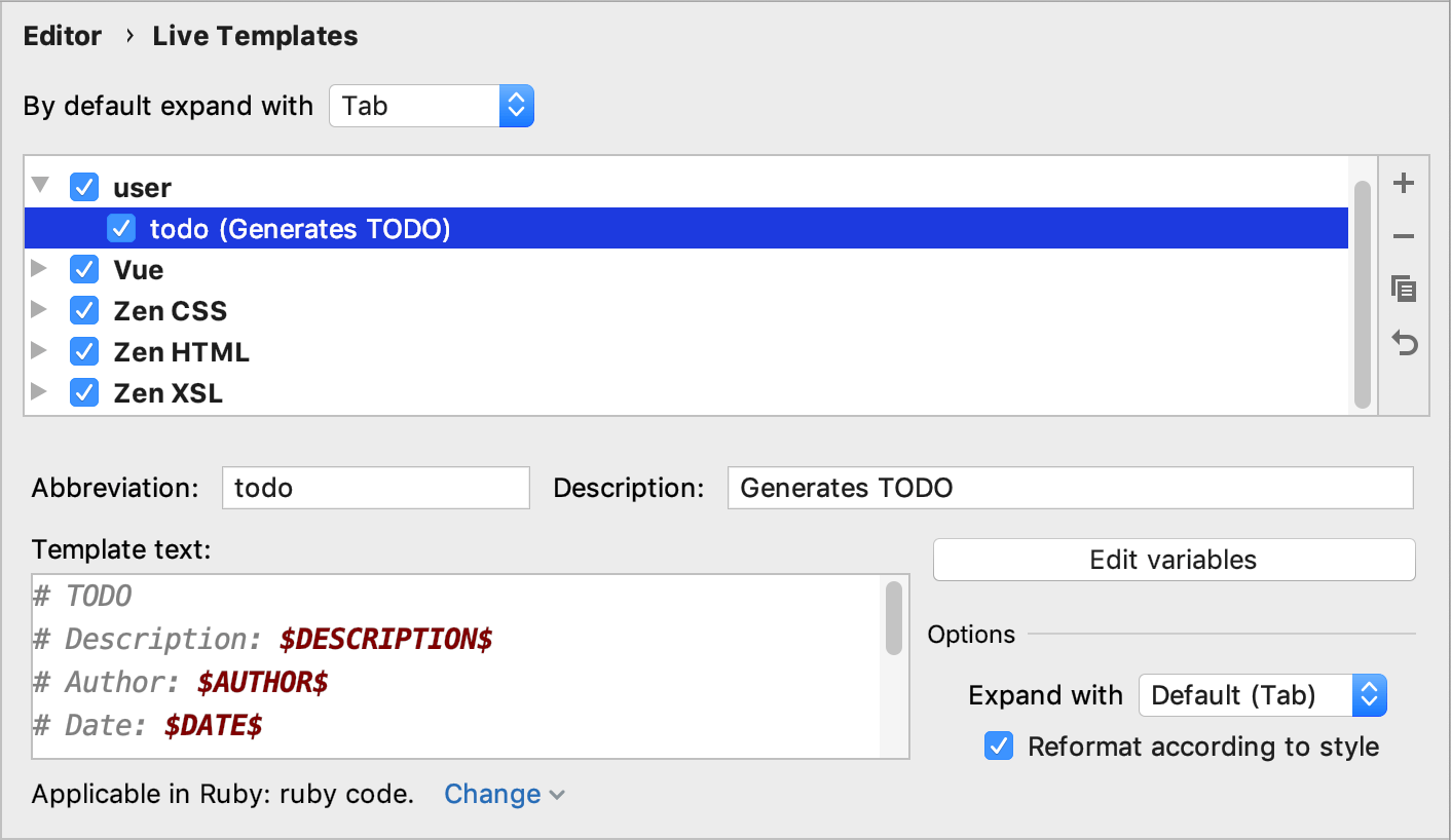 Live template with variables