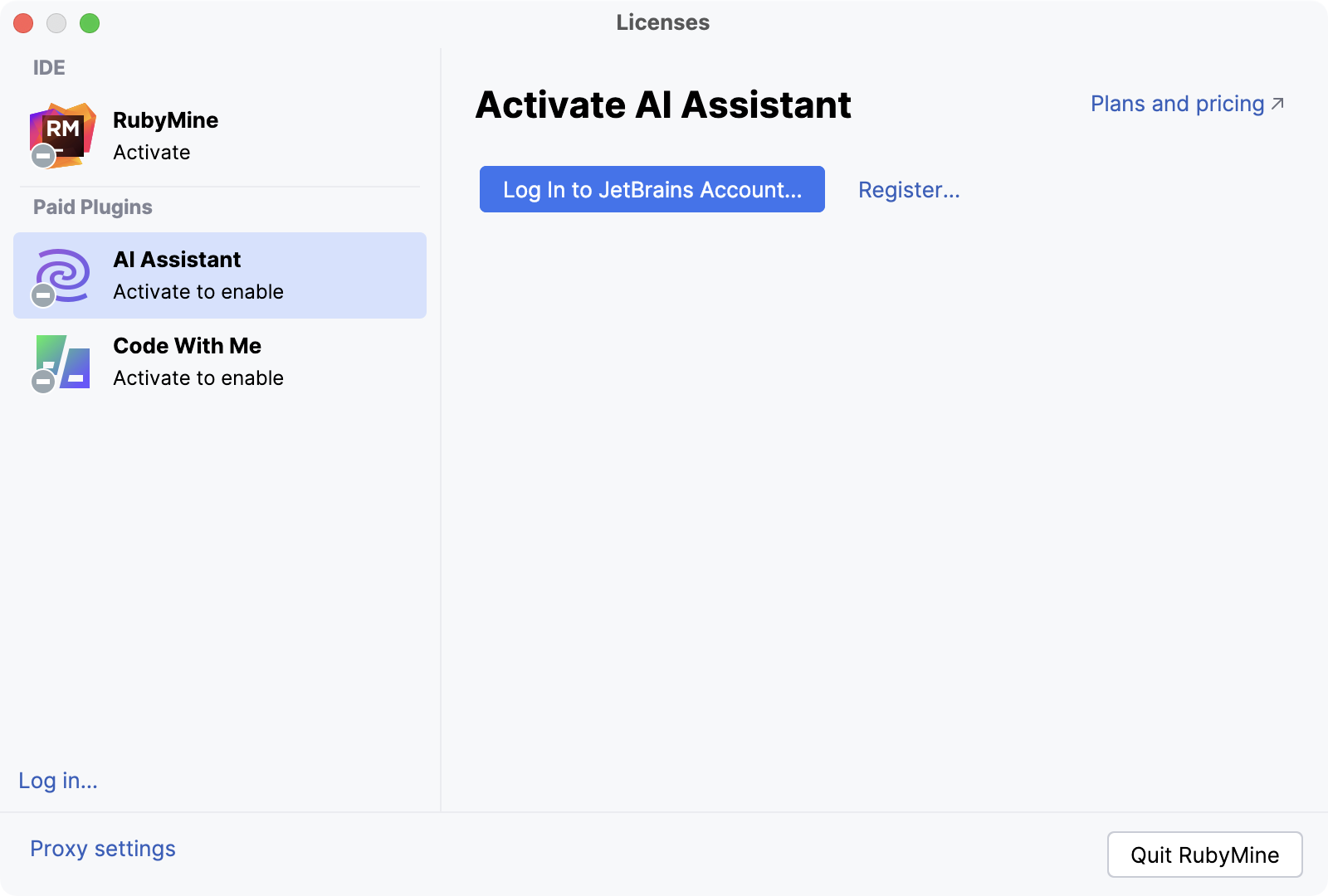 Licenses dialog with an option to log in to JetBrains account