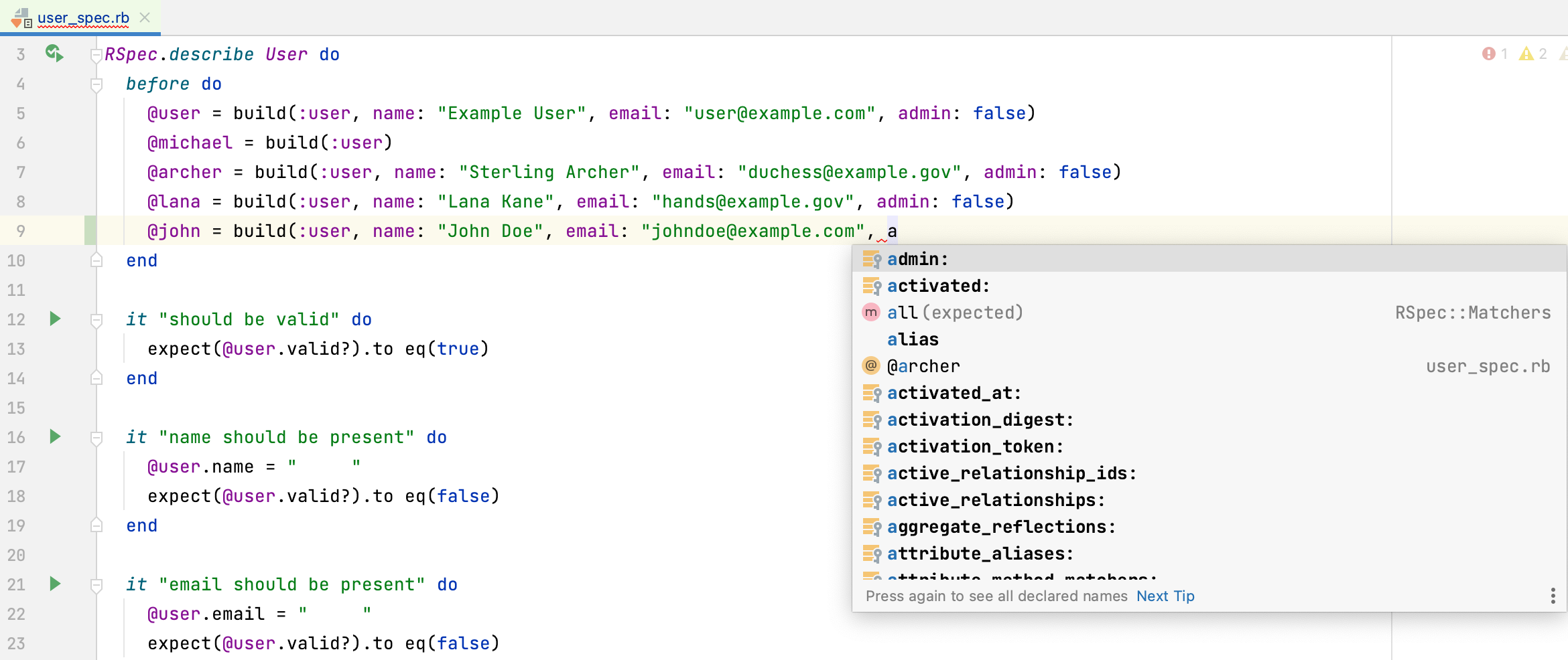 Code completion in RSpec files
