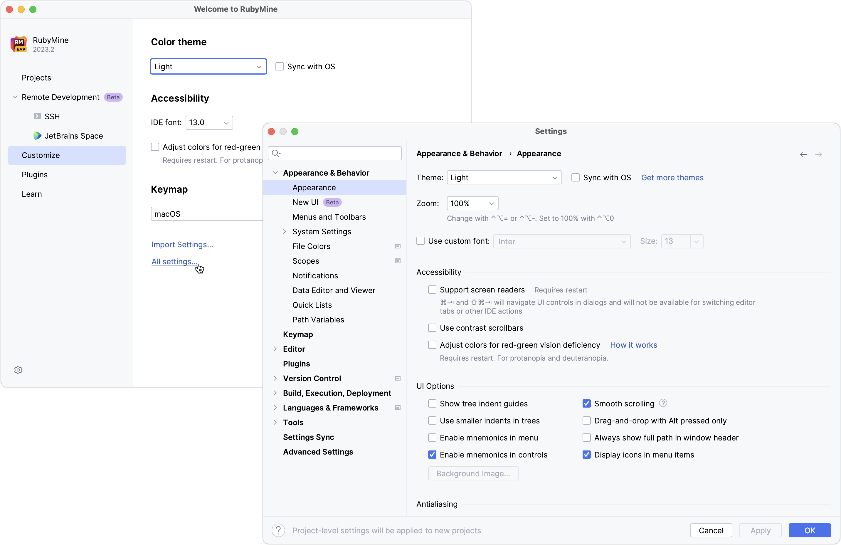 Configuring new default settings for projects