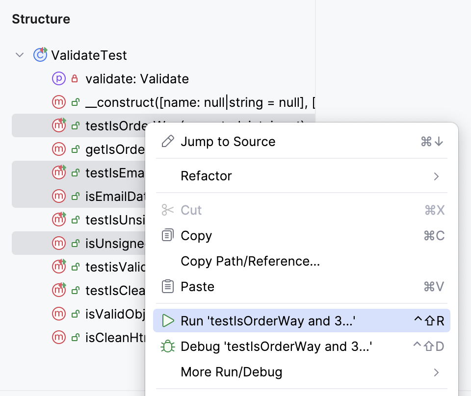Run tests from the Structure tool window