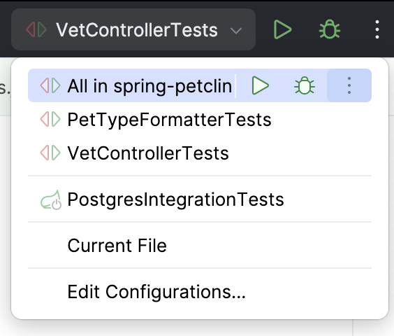 Running a run/debug configuration for tests