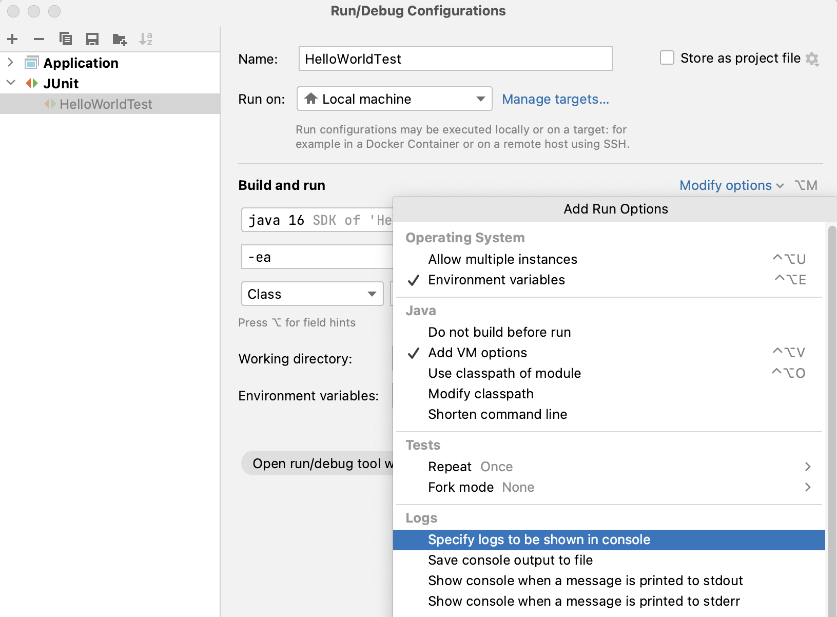 The 'Specify logs to be shown in console' option in the 'Add Run Options' menu of the Run/Debug Configurations dialog