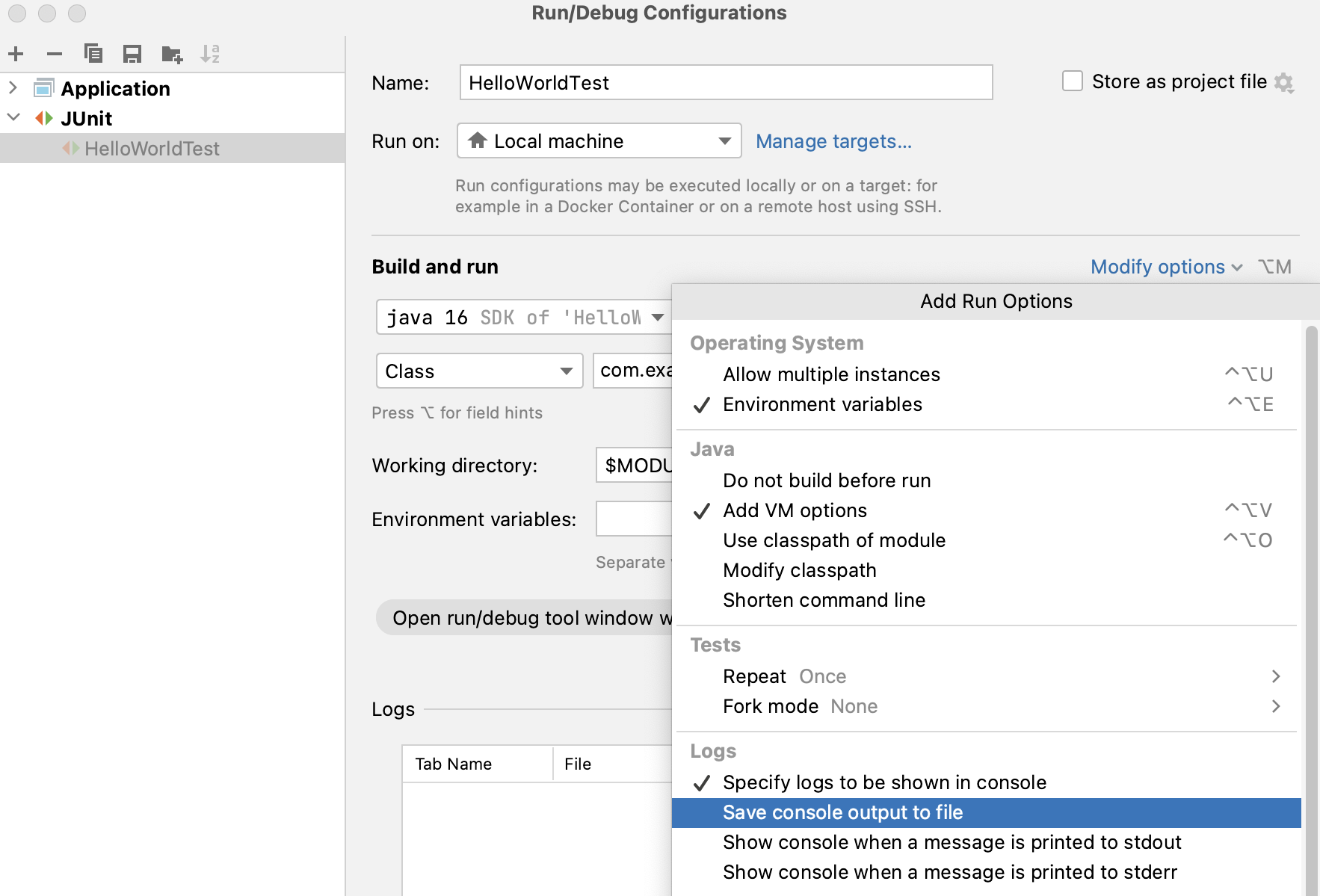 The 'Save console output to file' option in the 'Add Run Options' menu of the Run/Debug Configurations dialog