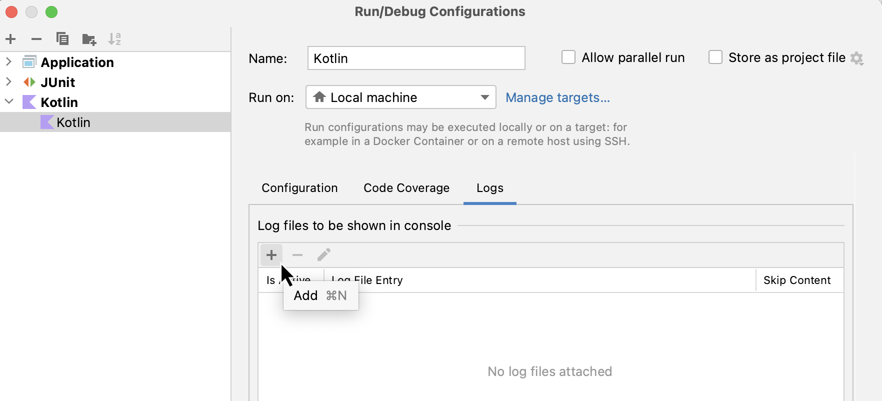 Pointing at the Add button in the header of the 'Logs to be shown in console' table