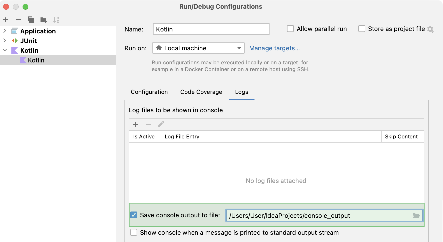 The 'Save console output to file' checkbox with a menu for choosing a file in the 'Log files to be shown in console' table