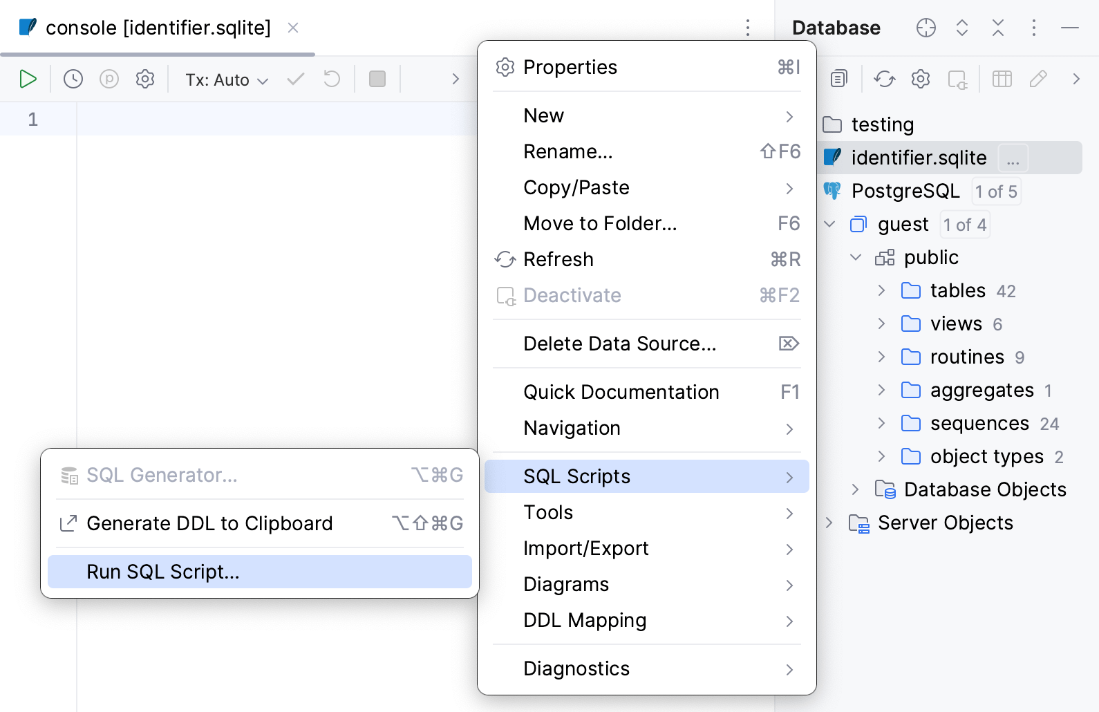 Run an SQL file from the Database tool window