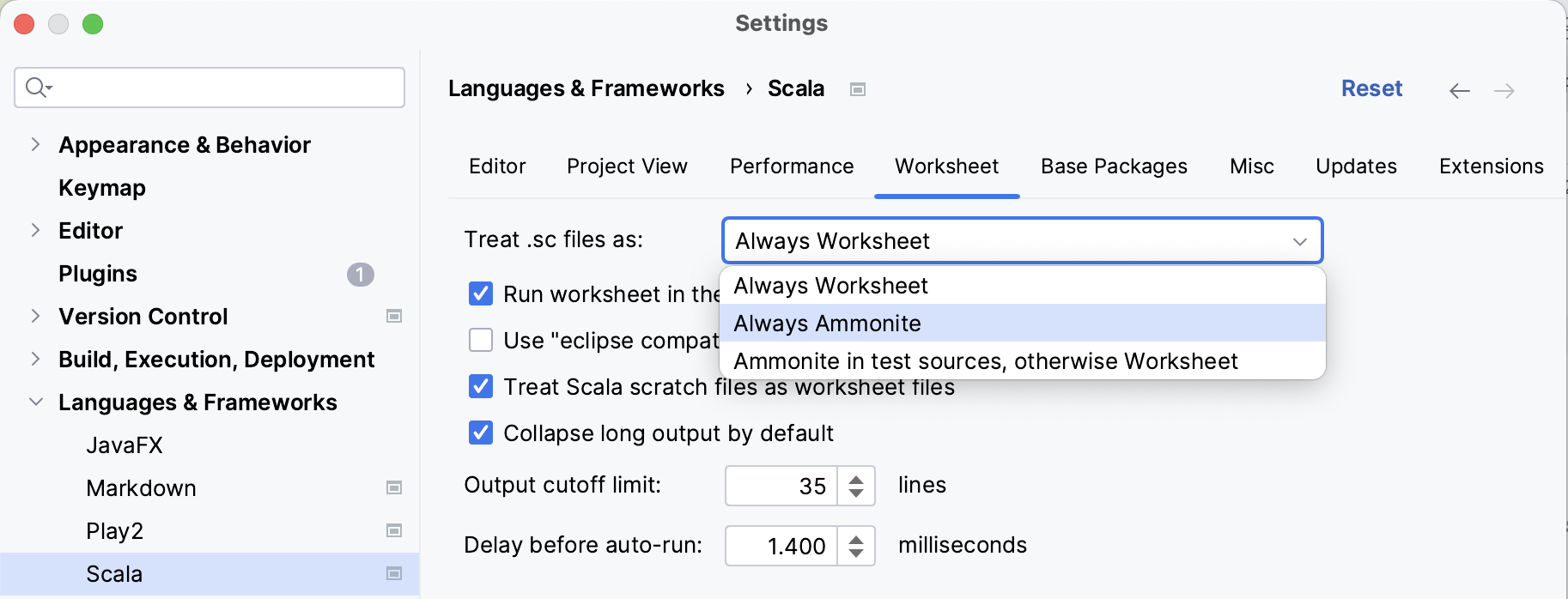 Scala worksheet settings