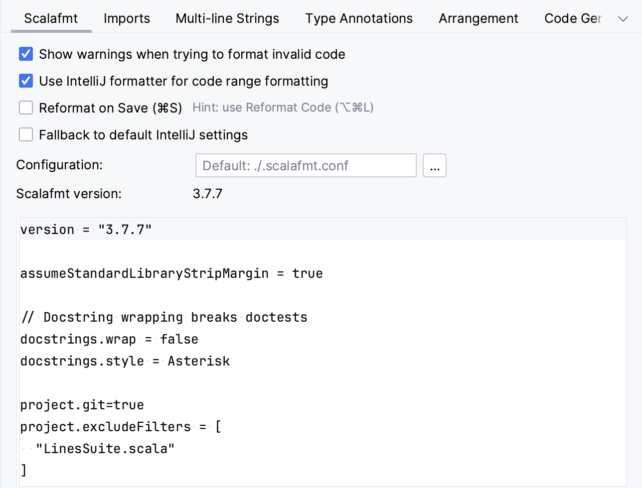 Scalafmt settings with changed version