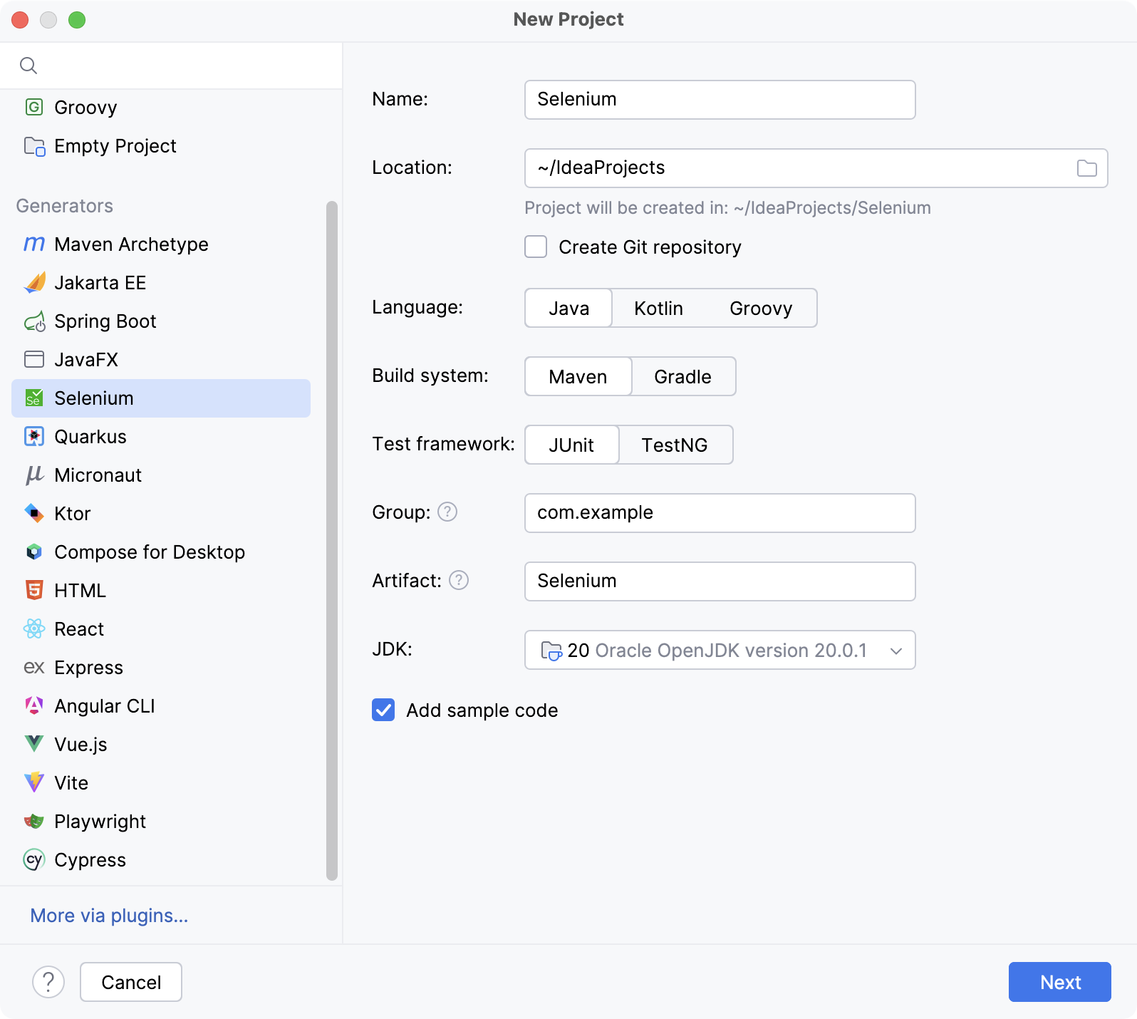 Creating a new Selenium project