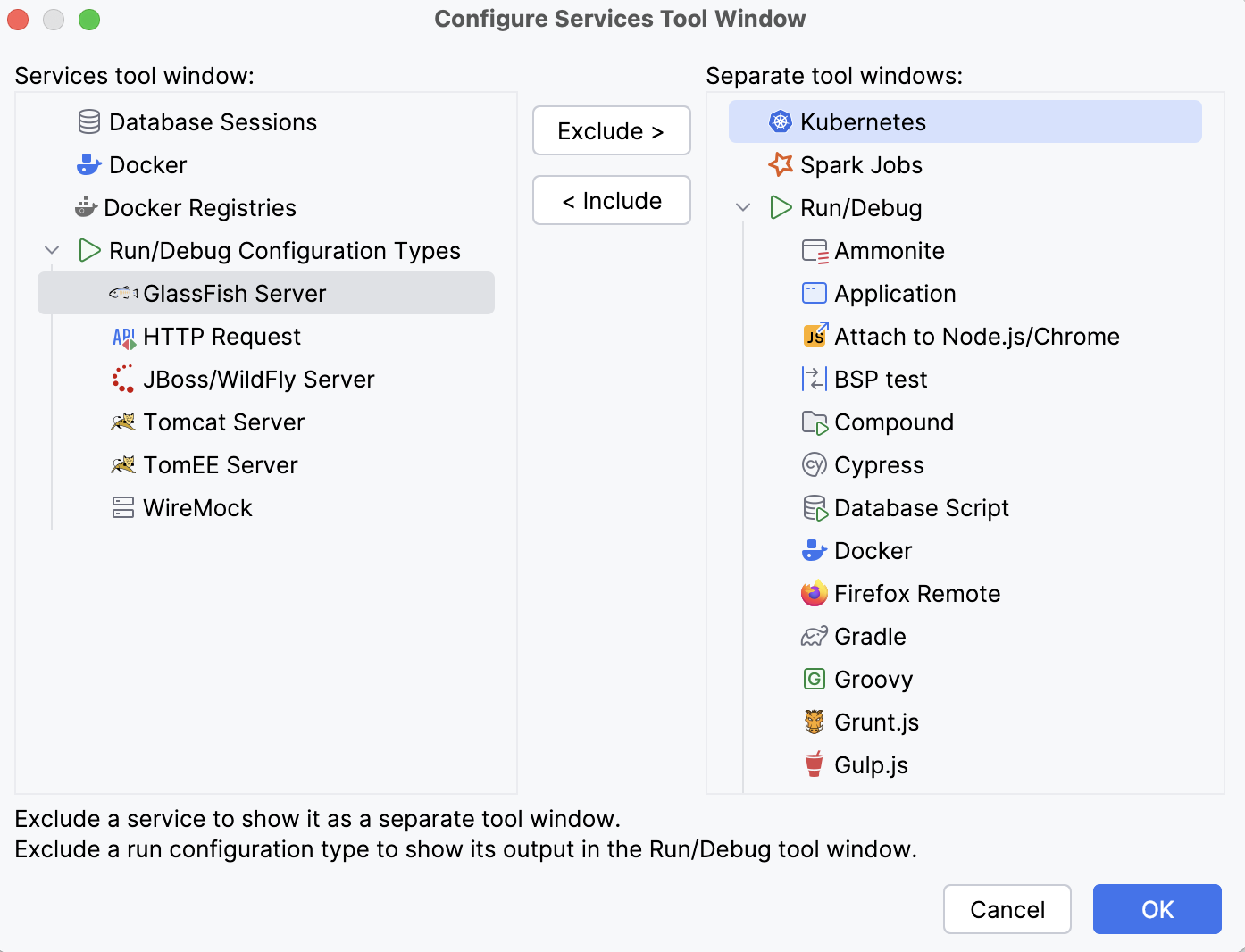 Configure Services tool window