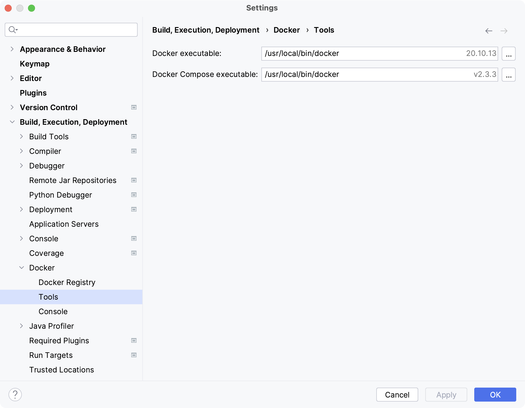 The Docker Tools settings page