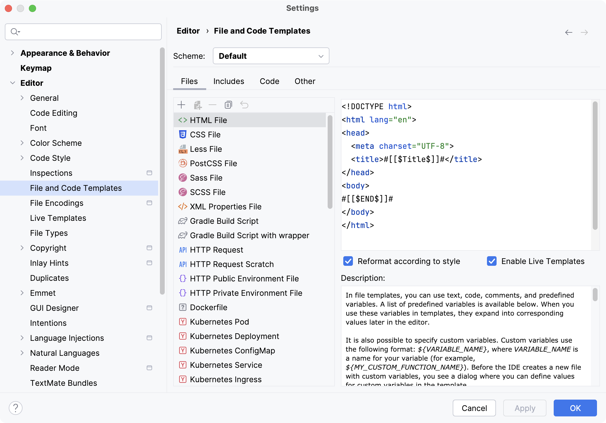 The File and Codes Templates page