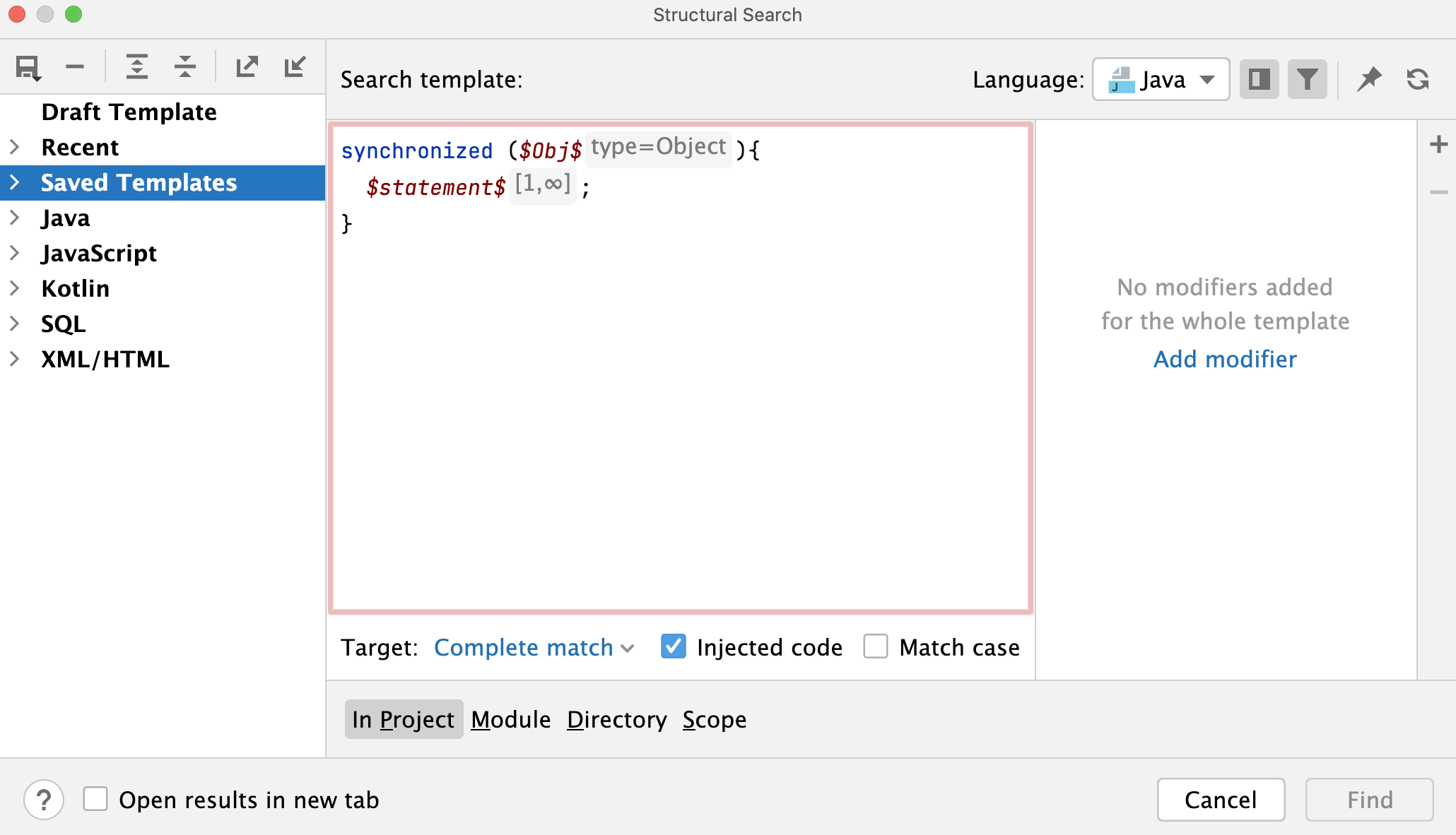 Search templates dialog