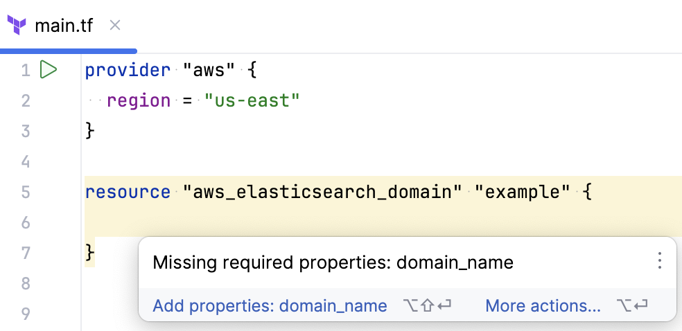 Terraform missing property inspection