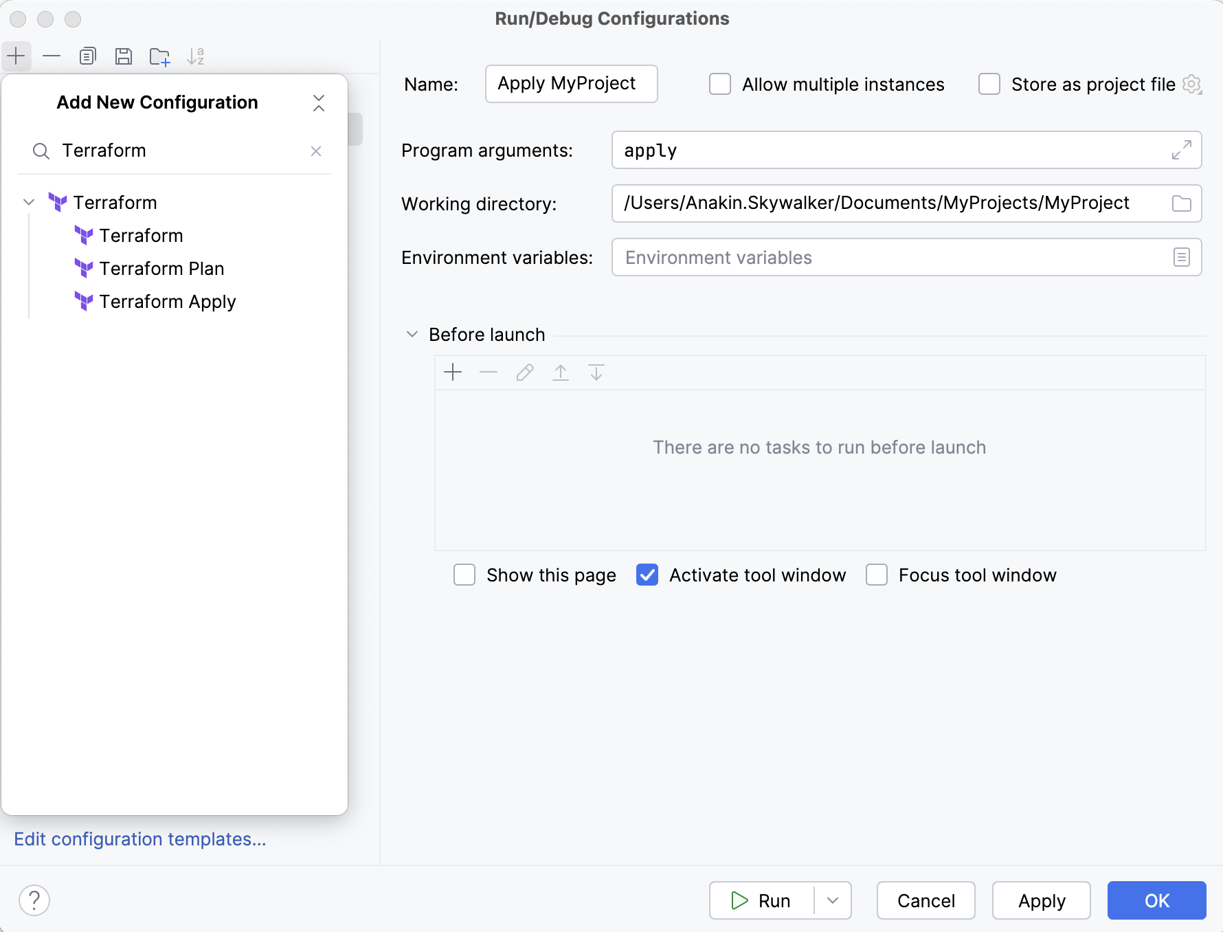 Terraform run configuration