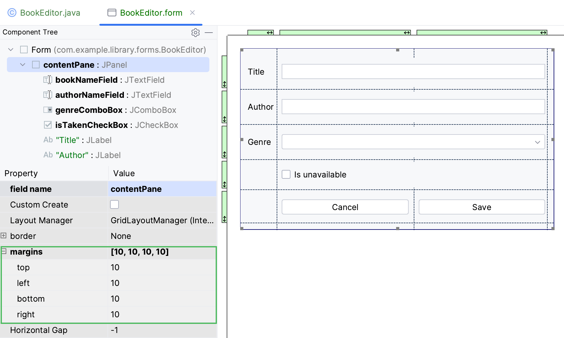 Configure the form margins