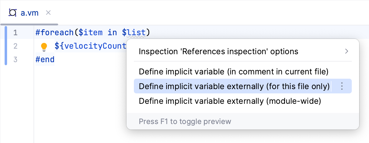 Example template language intentions for fixing unresolved references