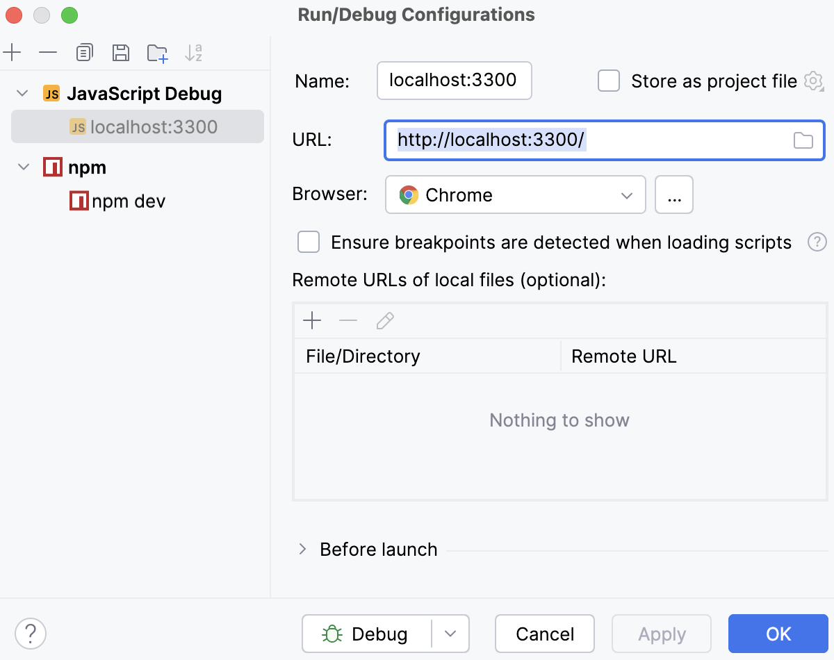 Create a JavaScript Debug configuration: specify the URL