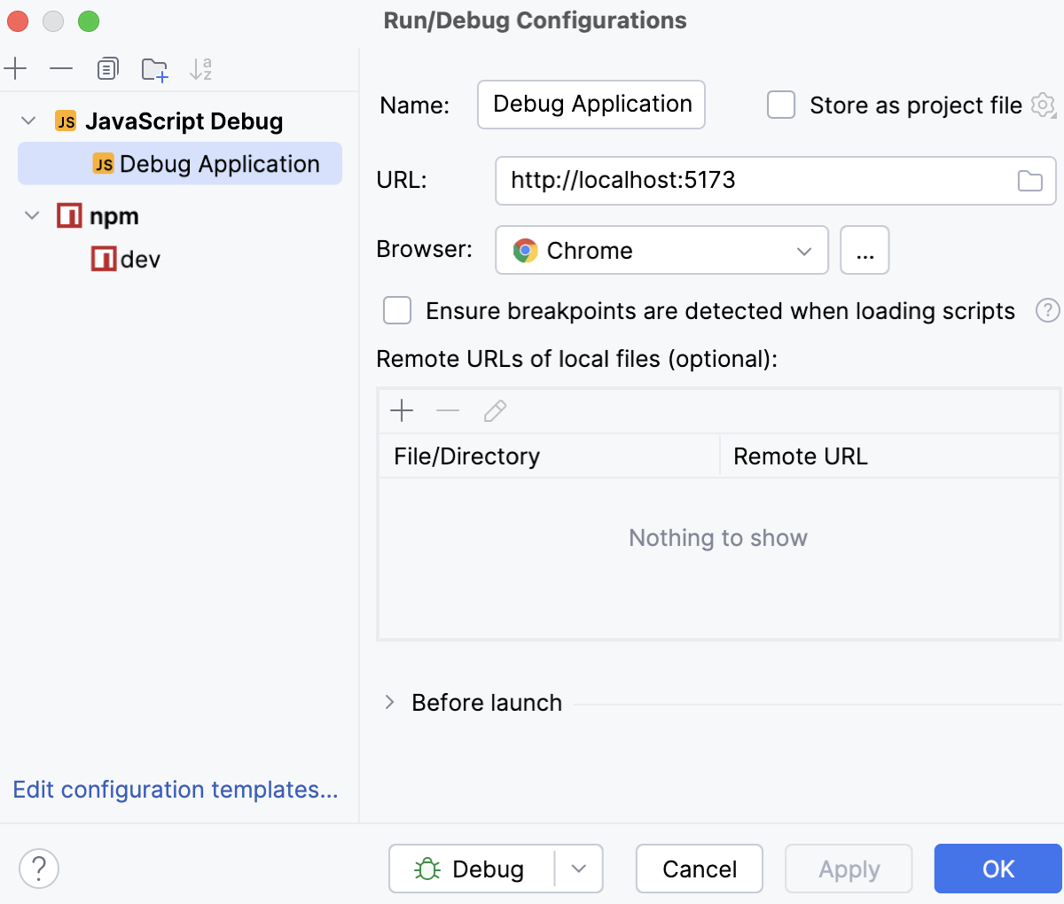 Select the generated JavaScript debug run/debug configuration