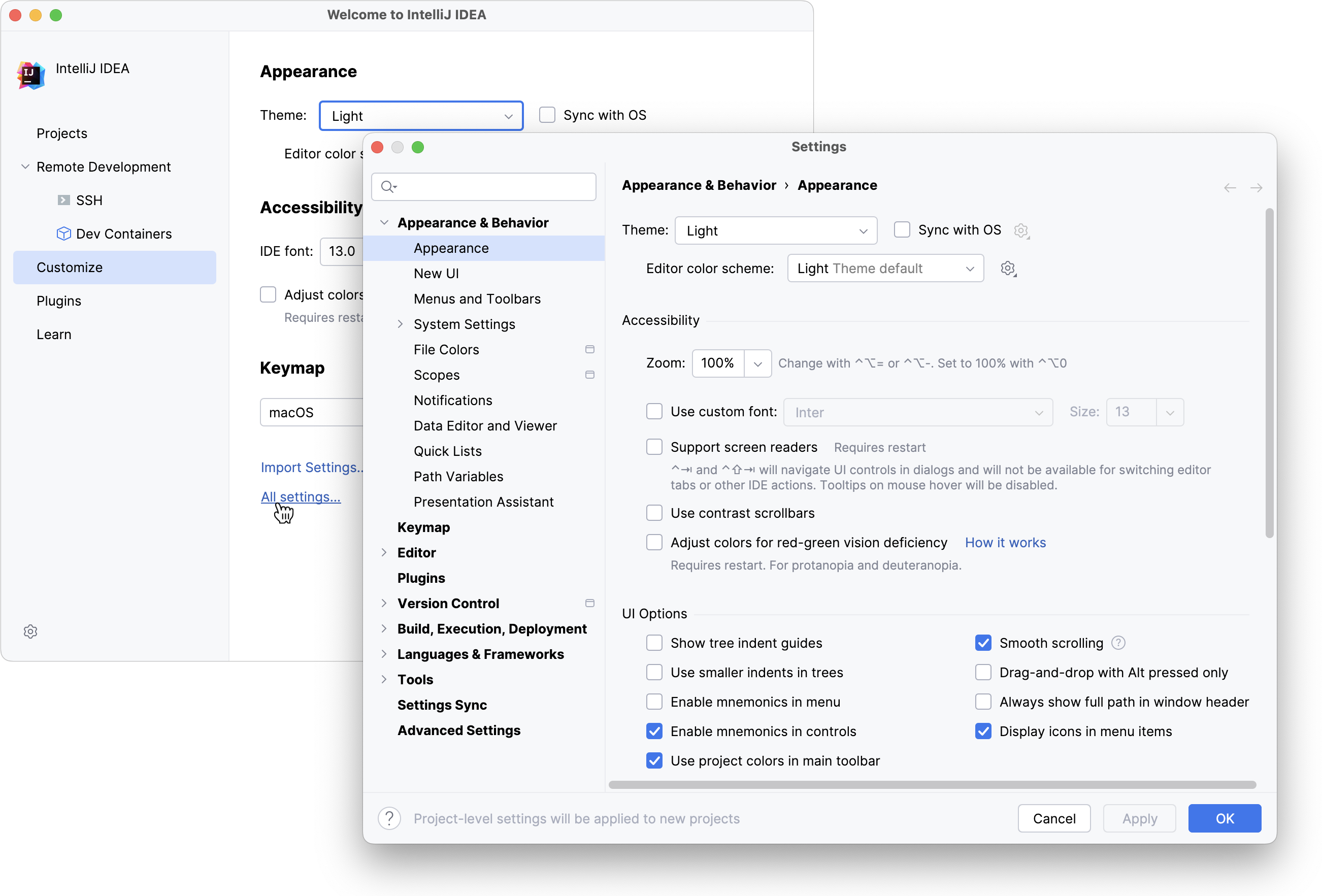 Configuring new default settings for projects