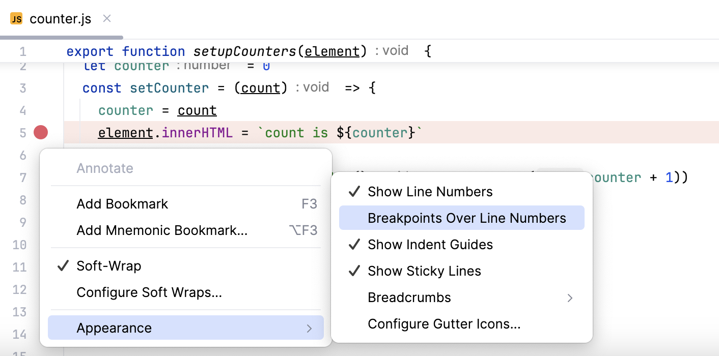 Breakpoints are shown next to line numbers