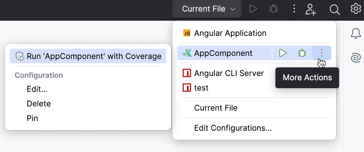Launch a test run/debug configuration with coverage