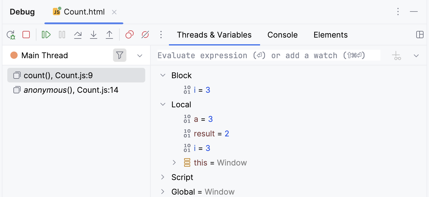 The Variables tab shows you the variables visible from the current execution point