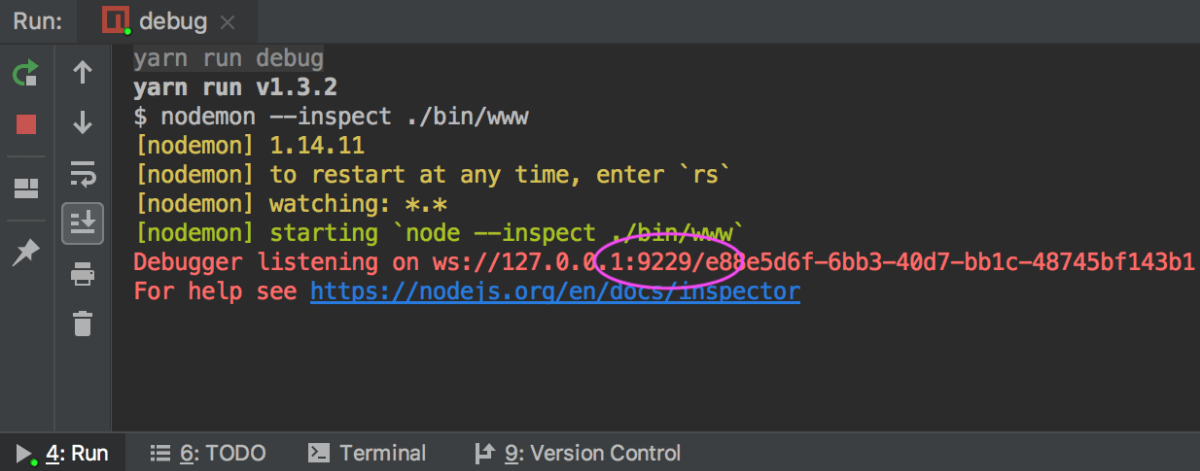 Node.js application with nodemon running in the debug mode: check the port