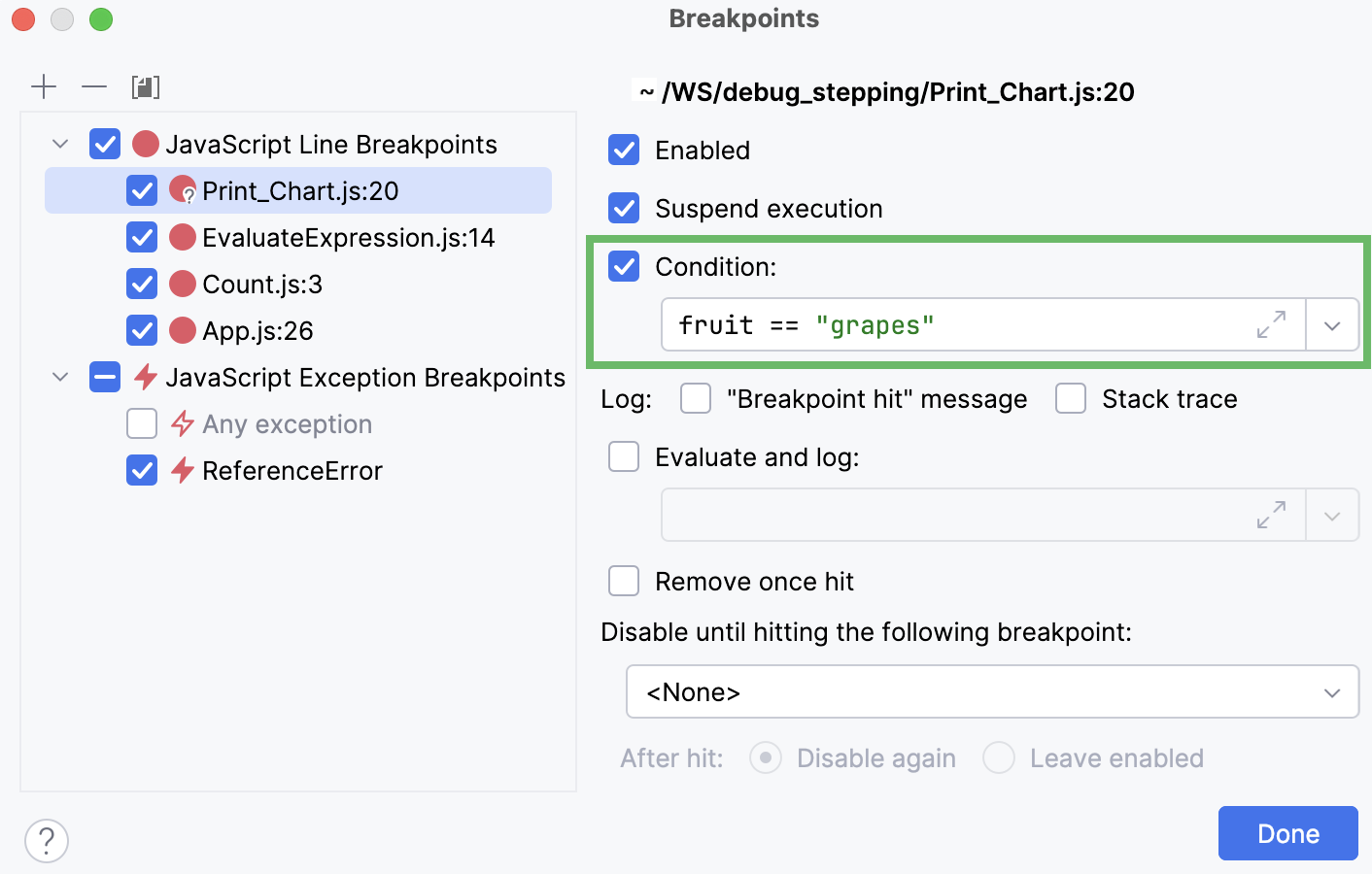 Conditional breakpoint: define consition through a boolean expression